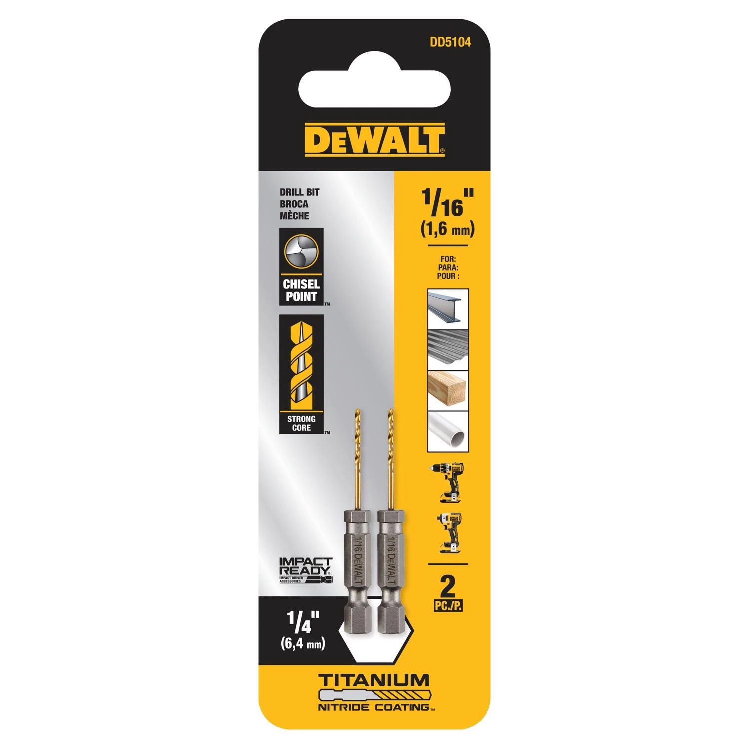 Impact Ready 1/16 In. X 2-1/4 In. L Titanium Nitride Drill Bit Hex Shank 2 Pc