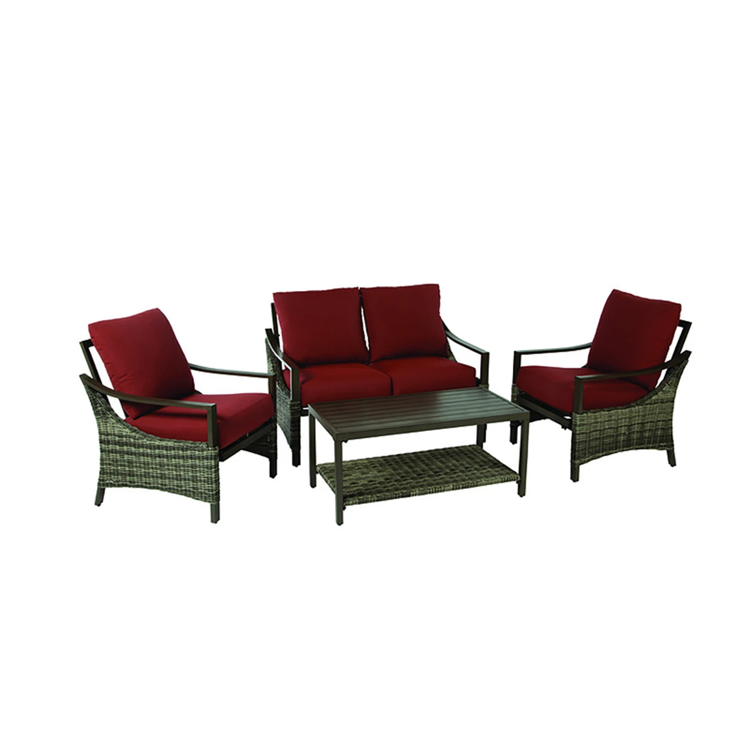 Valencia 4 Piece Brown Aluminum Deep Seating Set With Red Cushions