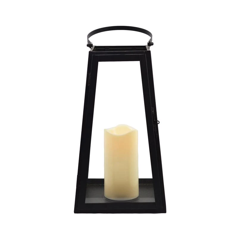 13 In. Black Triangular Led Candle Lantern - Glass/metal Design