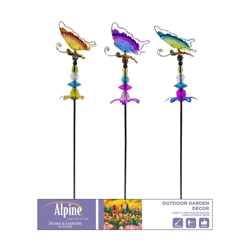 Multicolored Glass/metal 36 In. H Butterfly And Flower Outdoor Garden Stake