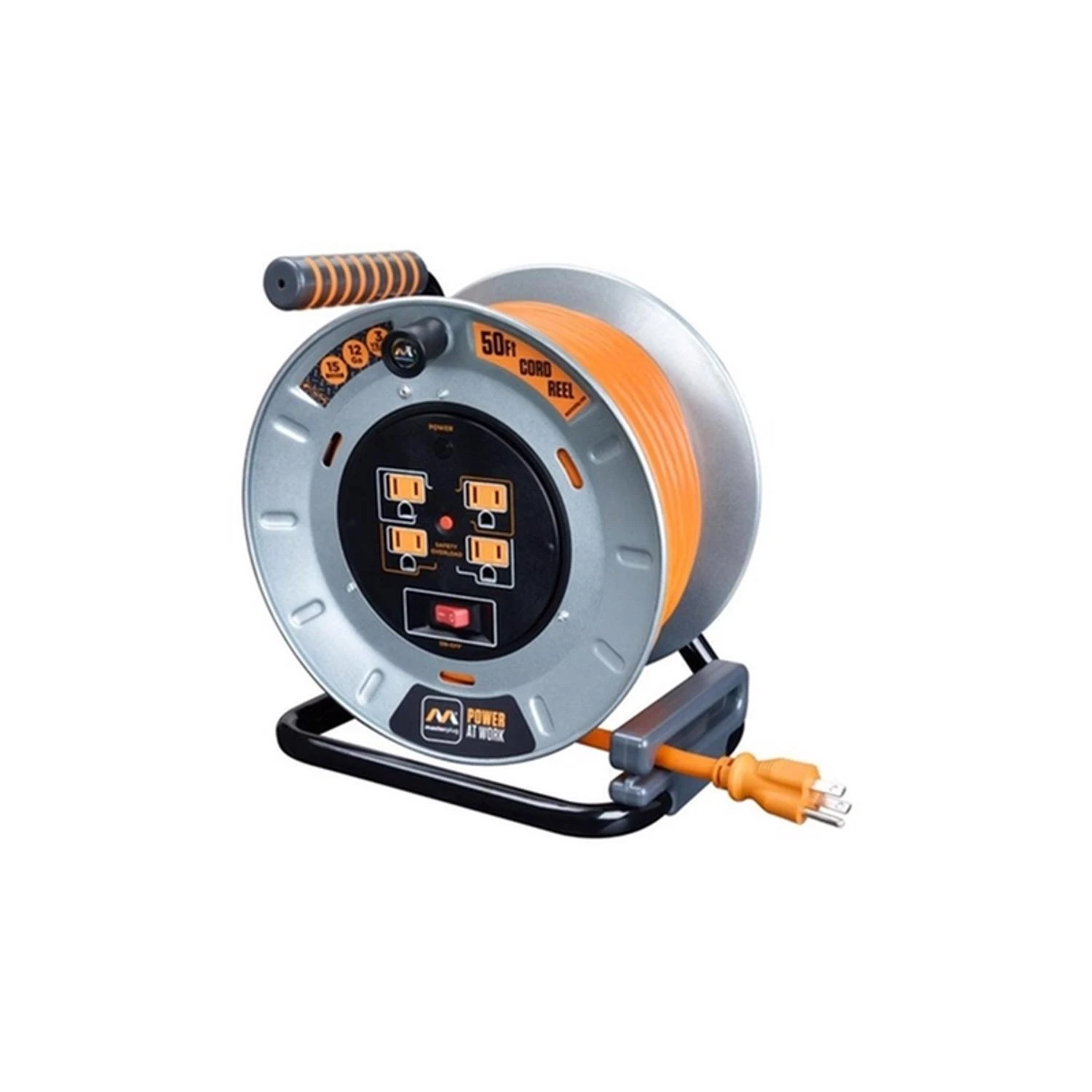 50 Ft. L Heavy Duty Metal Cord Reel With 4 Outlets And Safety Features