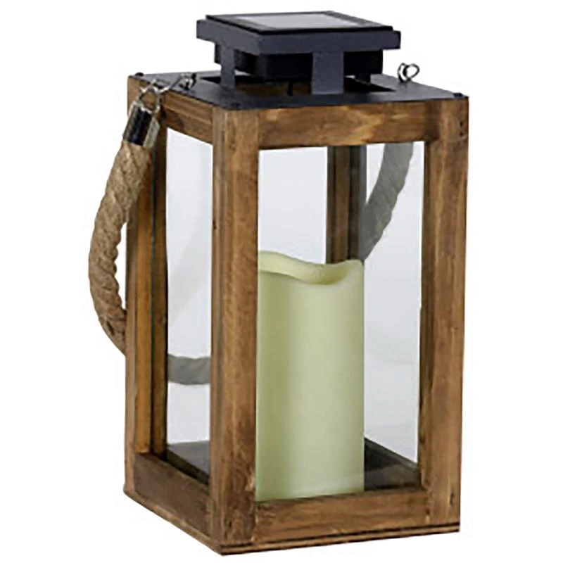 11-Inch Solar Glass & Wood Lantern - Black & Brown Outdoor Lighting