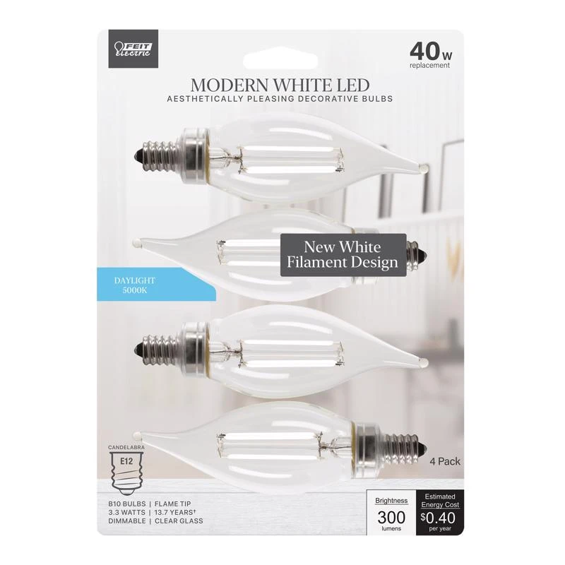 Feit LED White Filament BA10 E12 (Candelabra) Filament LED Bulb Daylight 40 Watt Equivalence 4 pk