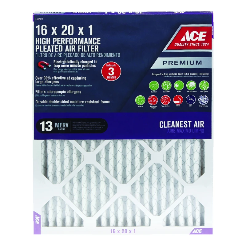 Pleated Air Filter 20 In. L X 16 In. W X 1 In. D, Merv 13