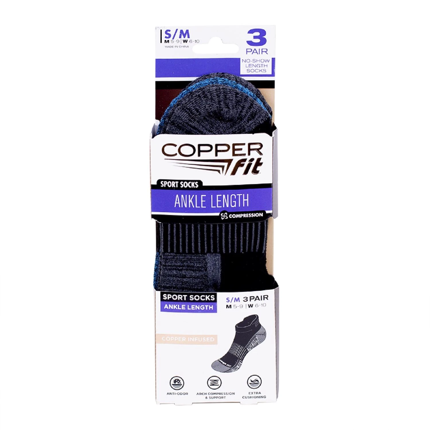 Copper Fit Unisex Sport S/m Ankle Socks Black 3pk - Model Cfssbksm