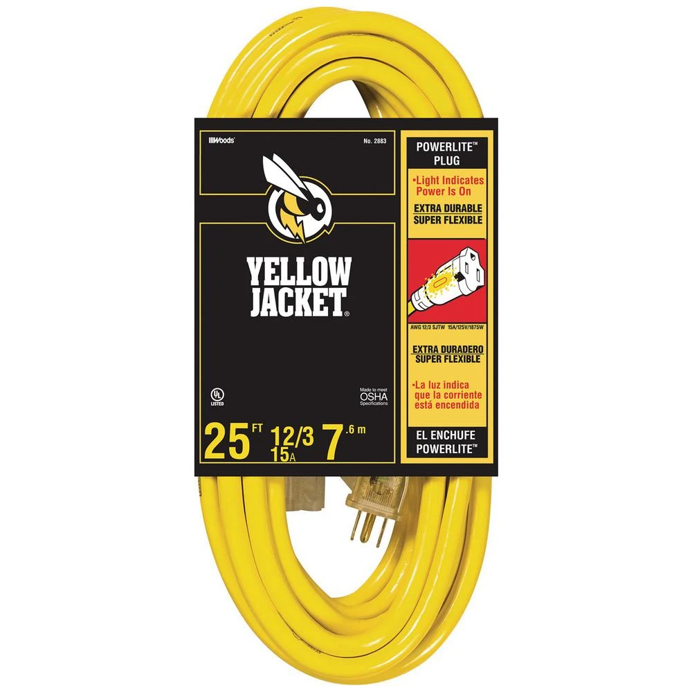 25 Ft. 12/3 Sjtw Premium Outdoor Heavy-duty Extension Cord With Power Light Plug