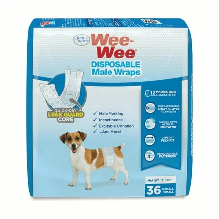 Disposable Male Dog Wraps, X-small/small Size, 36 Count