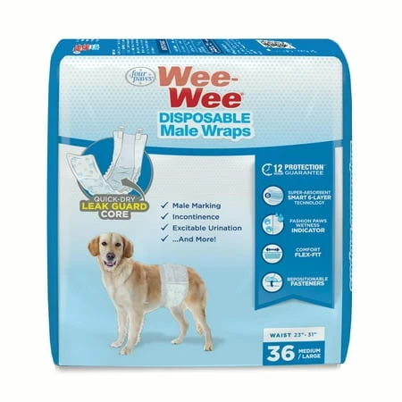 Disposable Male Dog Wraps For Medium And Large Dogs, 36 Count