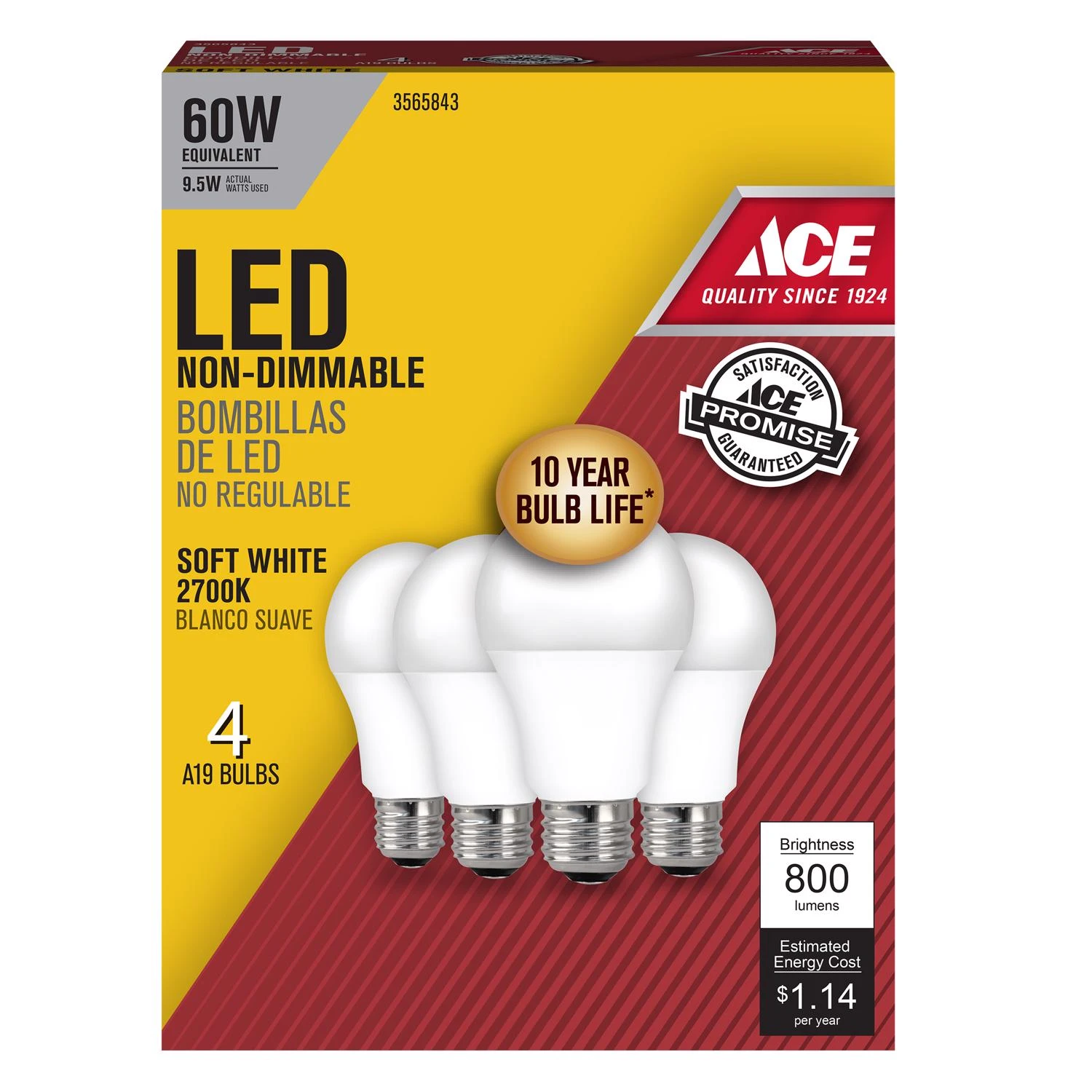 Ace A19 E26 (Medium) LED Bulb Soft White 60 Watt Equivalence 4 pk