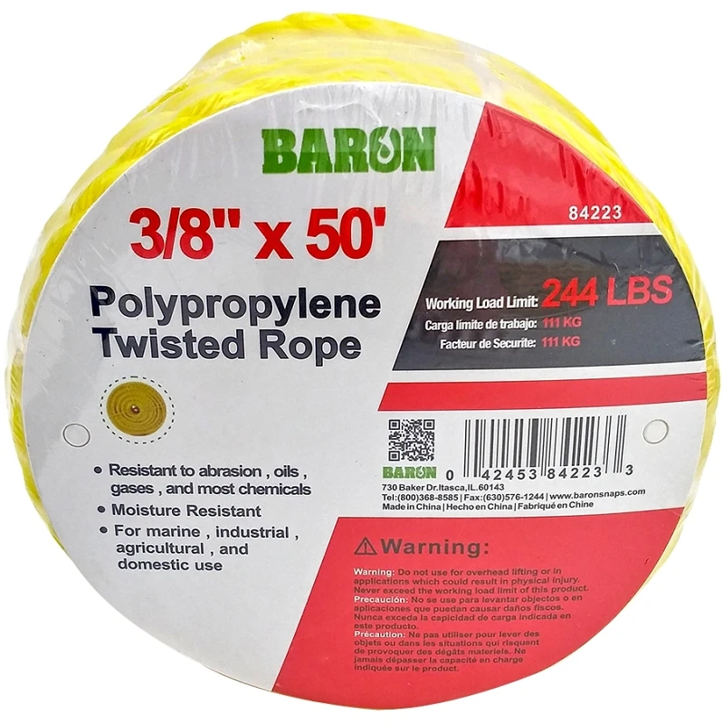 3/8 Inch X 50 Feet Twisted Yellow Polypropylene Rope