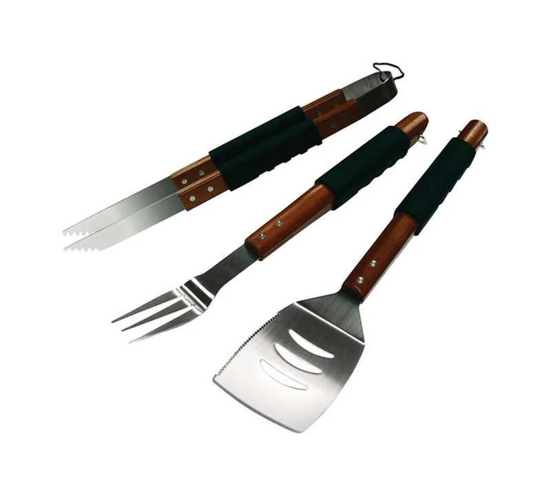Stainless Steel Grill Tool Set With Rubber Wood Handle - 3 Pieces