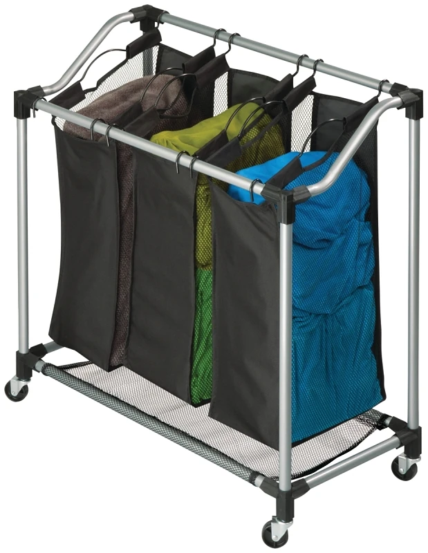 Triple Laundry Sorter With Mesh Bags, Steel Frame, Black Color