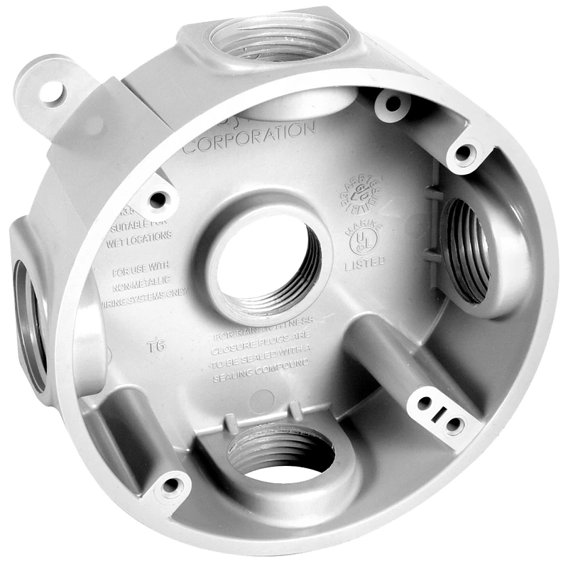 Weatherproof Round Box, 1/2 Inch, 5 Outlets, White Pvc, 13.5 Cu-in Capacity