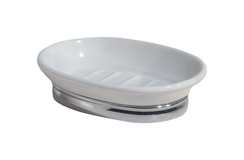 York Oval Soap Dish - White Ceramic With Chrome Finish, 1.4 In. H X 5.8 In. L X 4 In. W