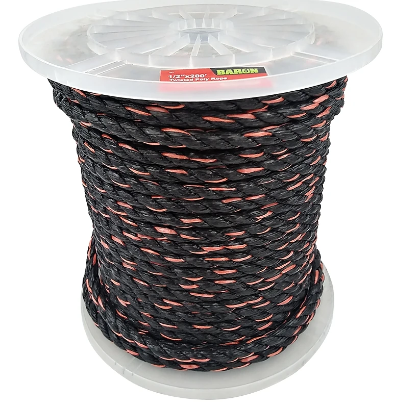 Twisted Polypropylene Rope 1/2 Inch Diameter 200 Feet Length Black/orange