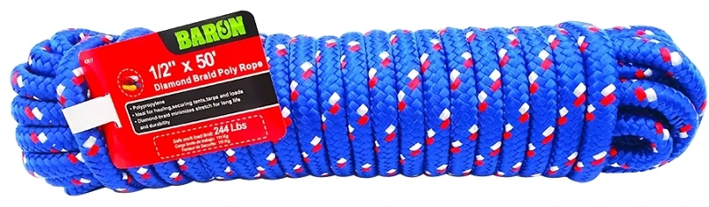 Diamond Braided Polypropylene Rope 1/2 Inch Diameter 50 Feet Length Blue/red/white