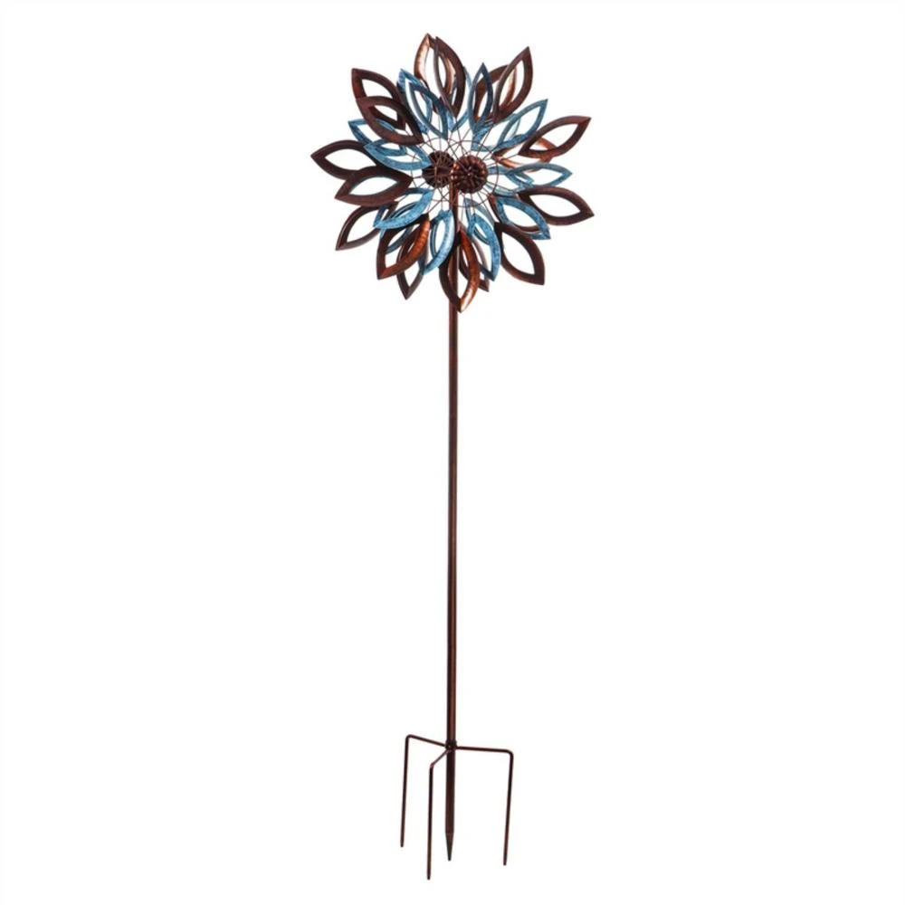 Evergreen 75 In. Copper And Verdigris Leaves Kinetic Wind Spinner - Decorative Garden Art