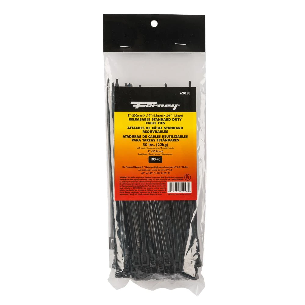Forney 8 in. Black (UV Protected) Releasable Standard Duty (100-Pack)