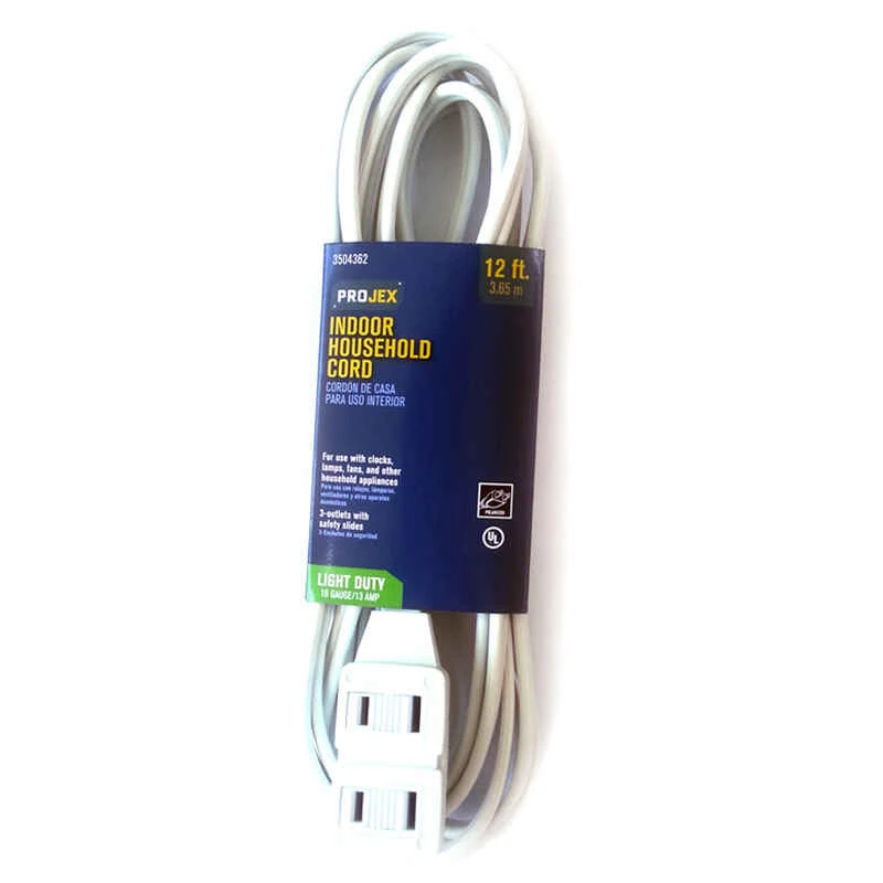 Indoor 12 Ft. White Extension Cord 16/2 Spt-2 With 3 Outlets