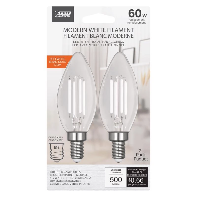Feit LED White Filament BA10 E12 (Candelabra) Filament LED Bulb Soft White 60 Watt Equivalence 2 pk