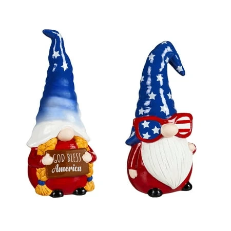 10 Inch Ceramic Americana Gnome Garden Statuary Set Of 2
