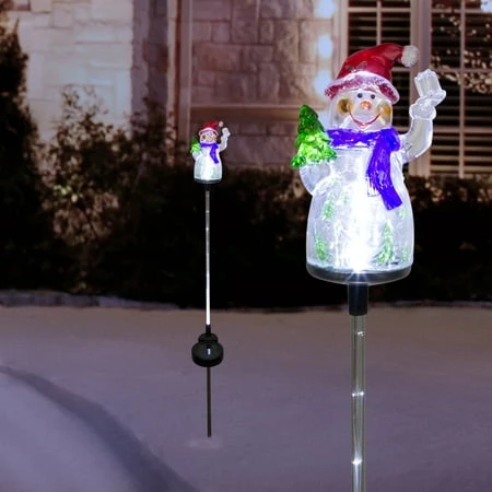 34 In. Tall Solar Snowman Fiber Optic Garden Stake With Led Lights, Set Of 2