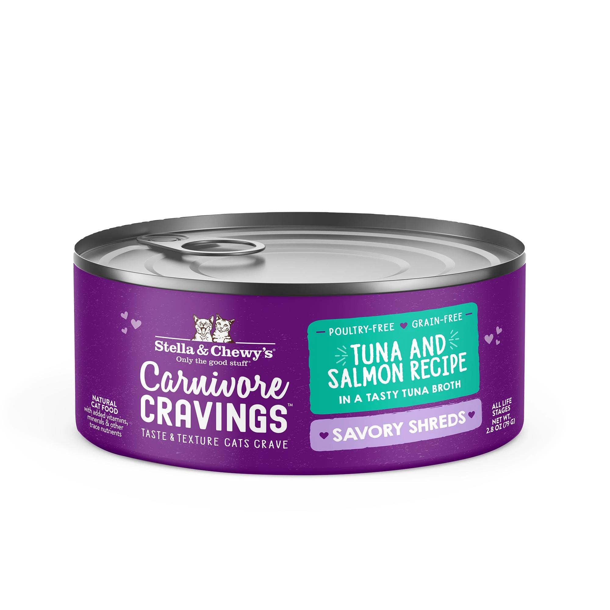 Carnivore Cravings Savory Shreds Tuna And Salmon Recipe Canned Cat Food 2.8OZ