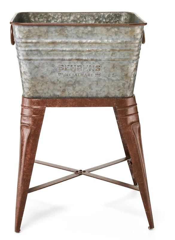 M19st1 Embossed Aged Galvanized Square Planter Tub With Stand, 23-1/4 In H