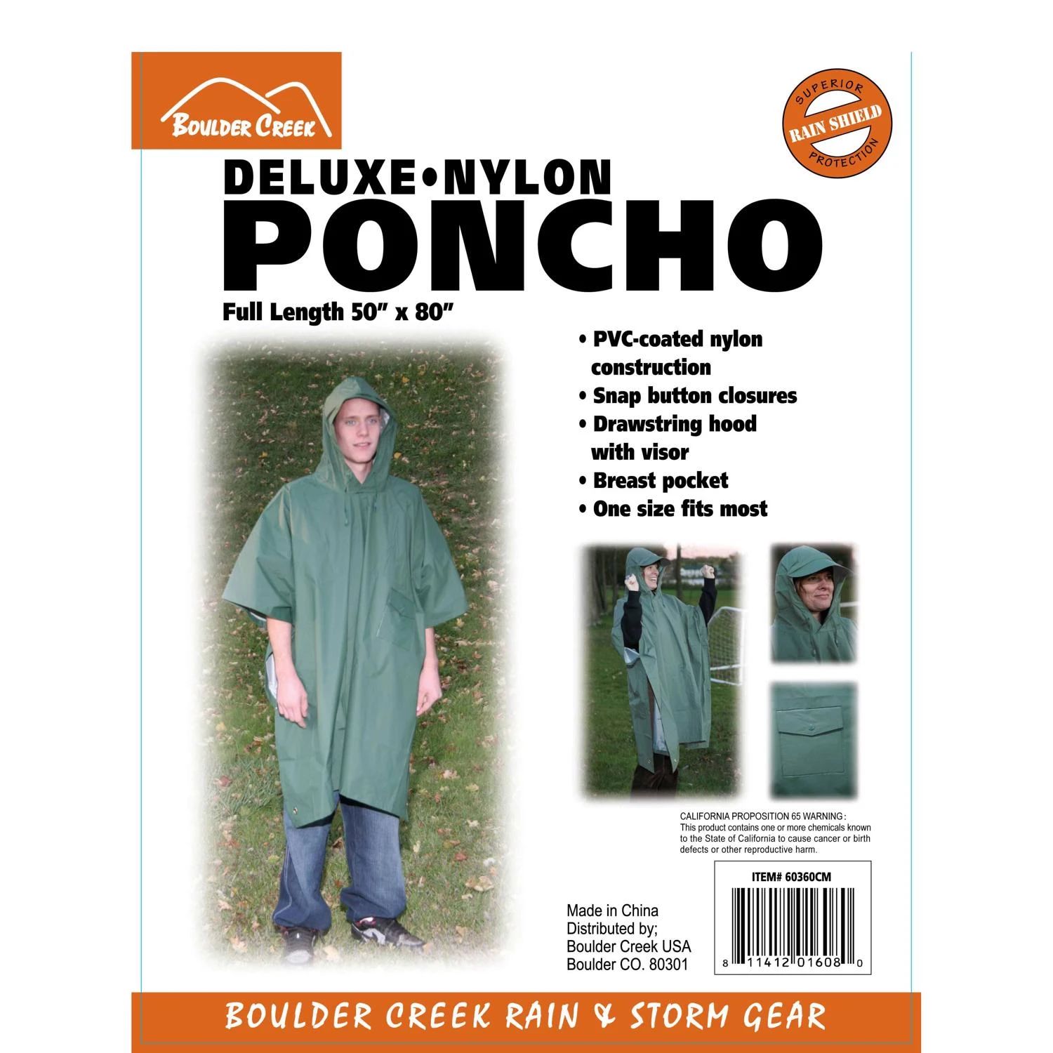 Green Pvc-coated Nylon Rain Poncho One Size Fits All 50 In. X 80 In.