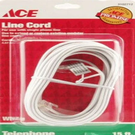 15 Foot White Modular Telephone Line Cable Male To Male Connector