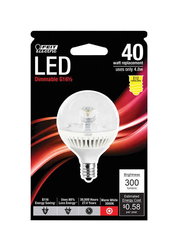 4.8 Watts G16-1/2 Led Bulb 300 Lumens Warm White Globe 40 Watt Equivalence