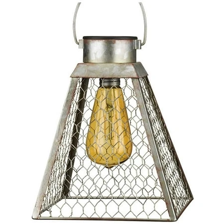 12520 - 21" Pyramid Chicken Wire Solar Lantern - Edison Style