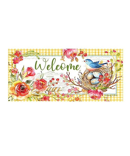 Sassafras Outdoor Welcome Mat - Yellow & Blue Bird Nest & Flower Design