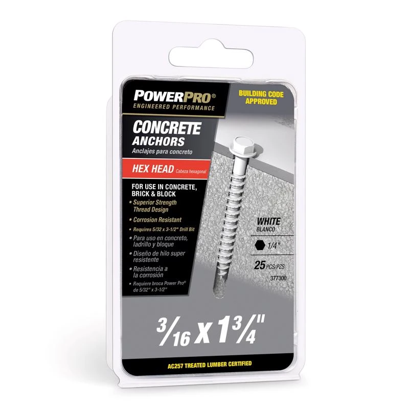 Power Pro 3/16 In. Diameter X 1-3/4 In. Length Carbon Steel Hex Head Concrete Screw Anchor