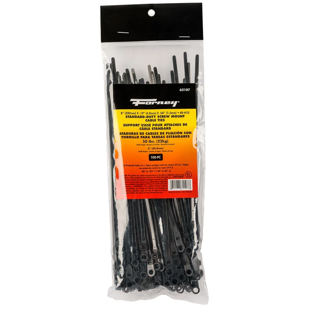 Forney Cable Ties 8 in. Black (UV Protected) Standard Duty Screw Mounts (100-Pack)