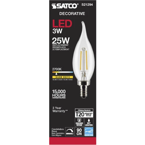 S21294 3 Watt Vintage Edison Dimmable Ca10 Candelabra E12 Led Bulb