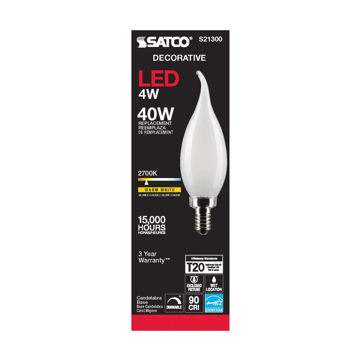 Satco CA10 (Flame Tip) E12 (Candelabra) Filament LED Bulb Warm White 40 Watt Equivalence 1 pk