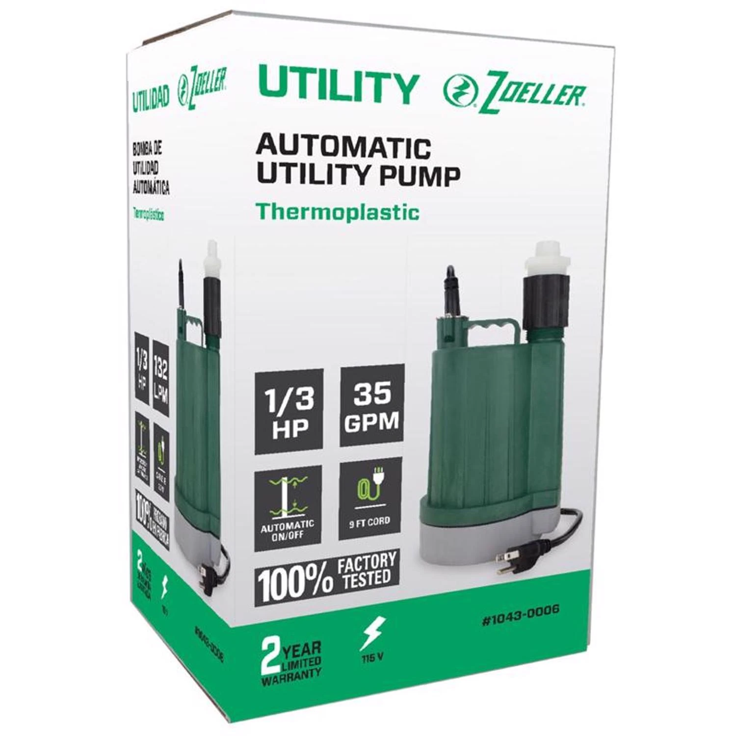 1/3 Hp 2400 Gph Thermoplastic Electronic Switch Bottom Ac Submersible Utility Pump