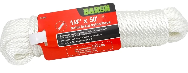 Nylon Rope 1/4 Inch Diameter 50 Feet Long Smooth Braided White