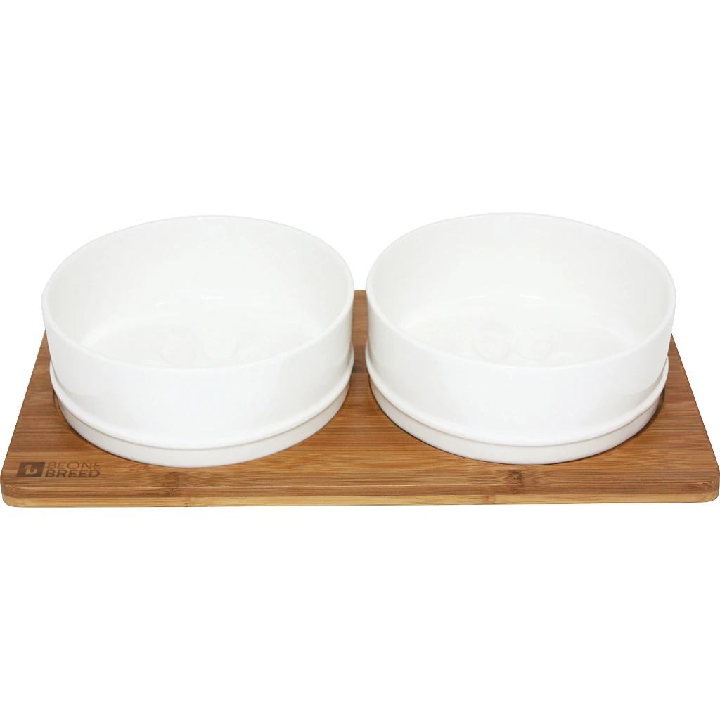 Medium White Double Bamboo Pet Bowl Set With Non-slip Base