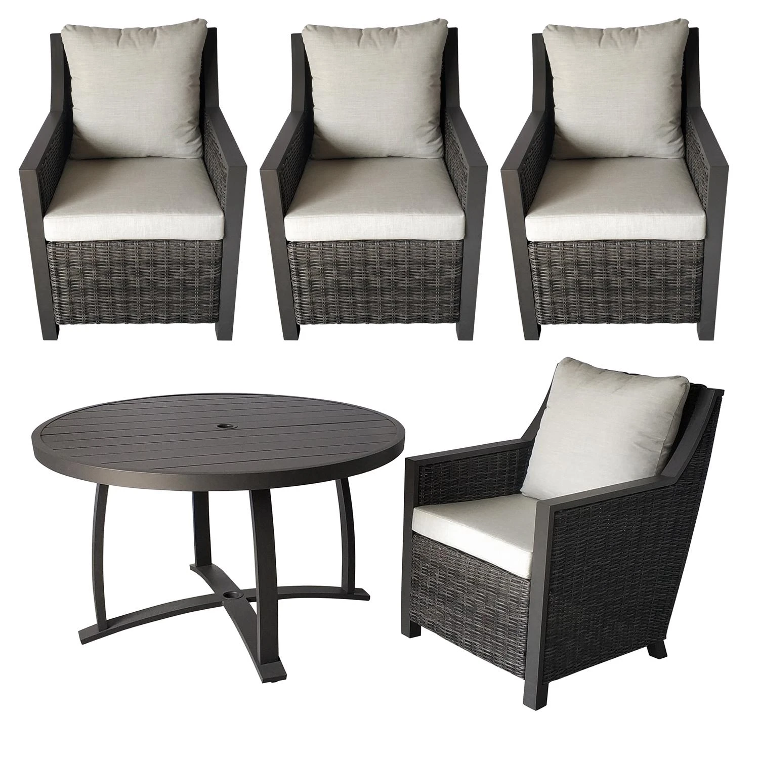 Fullerton 5 Piece Brown Aluminum Wicker Dining Set With Tan Cushions