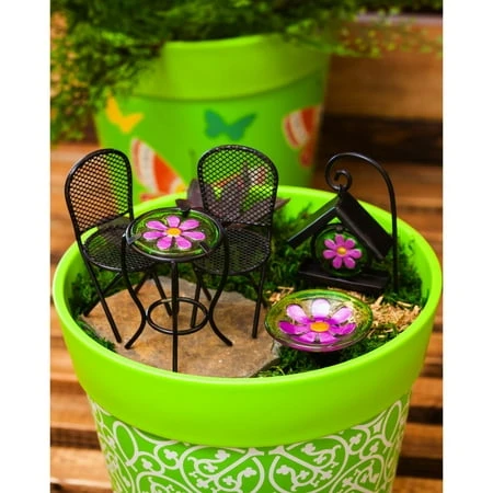 Mini Garden Glass And Metal Flower Statue Set For Outdoor Decor