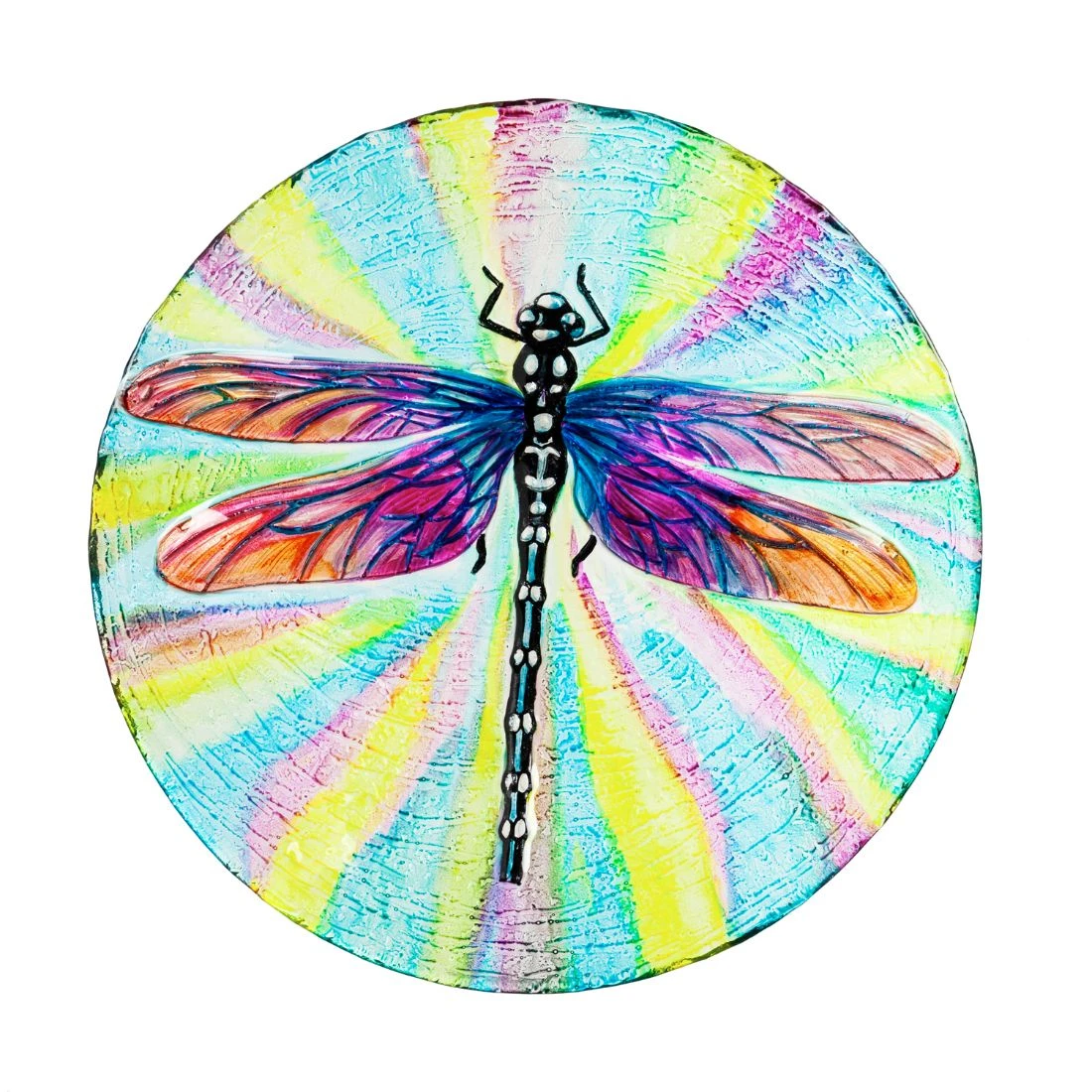 18 Inch Hand Painted Glass Bird Bath With Oil Paint Finish And Dragonfly Design