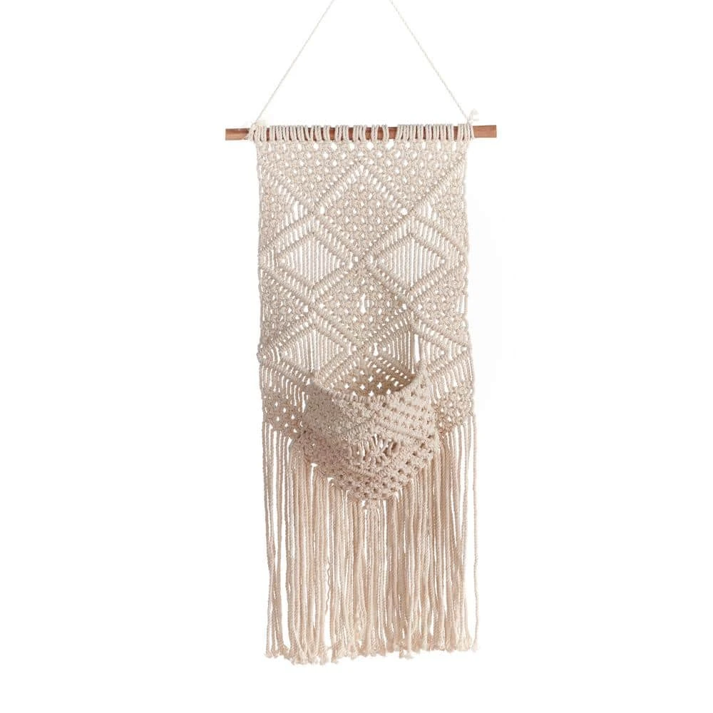Primitive Planters Woven Cotton Wall And Pot Hanger, Ivory Cotton Design