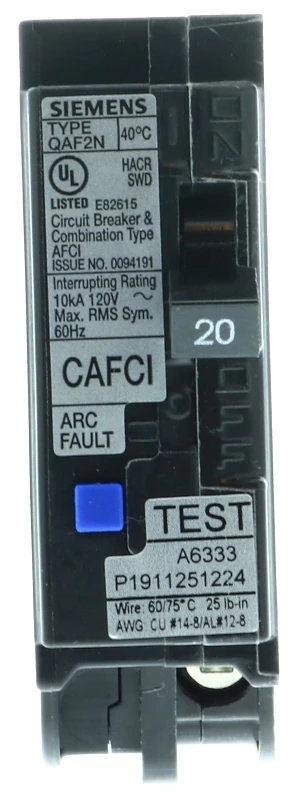 120v 20a Arc Fault Circuit Breaker, 1 Pole, Qaf2n Frame