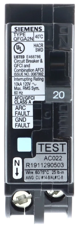120v 20a Circuit Breaker, 1 Pole, Afci/gfci, Qfga2n Frame