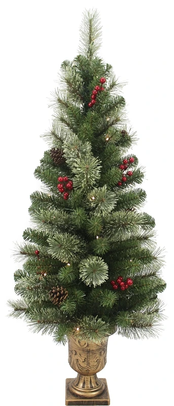 4 Ft Mixed Needle Pvc Christmas Tree With Led Lights, Red Berries & Pine Cones