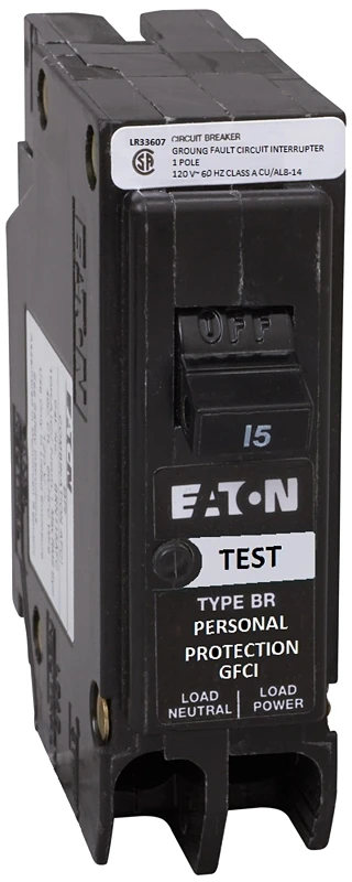 15 Amp Gfci Circuit Breaker, Type Br, 120 Vac, 1 Pole, 5 Ma Sensitivity