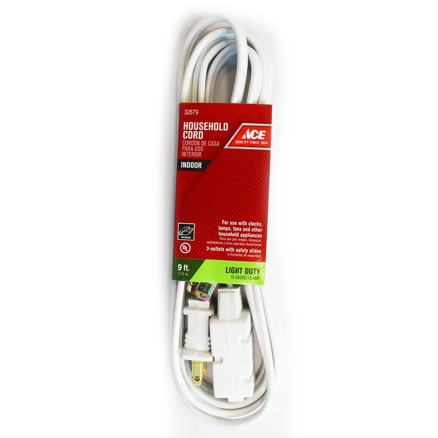 Indoor 9 Ft. L White Extension Cord 16/2 Spt-2 For Home And Office Use
