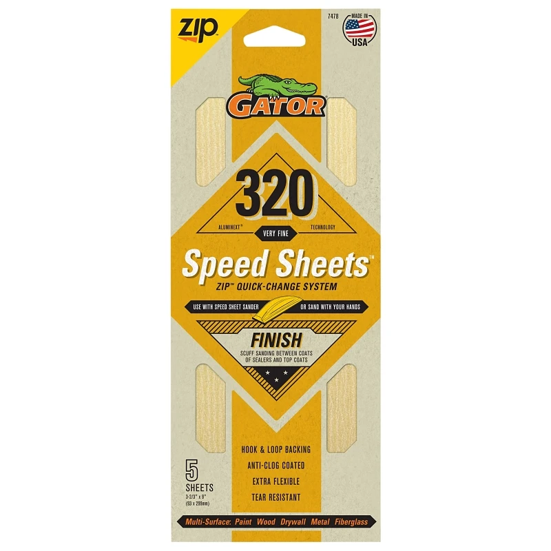 Premium Hook and Loop Sanding Speed Sheets, 320 Grit, 3 and 2 Thirds by 9 Inches, 5 Pack